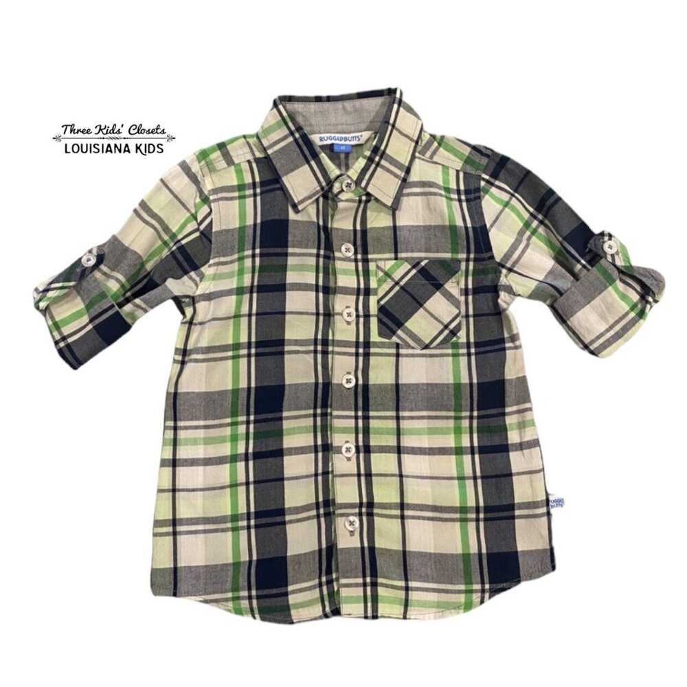 Rugged Butts By Ruffle Butts 2T Navy & Green Plaid Button Down Shirt